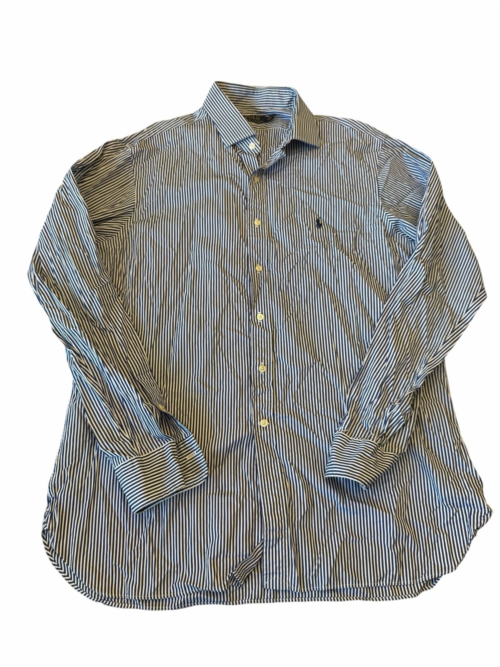 Polo Ralph Lauren Mens Dress Shirt‎ 17 /43 Blue White Striped Easy Care Preppy